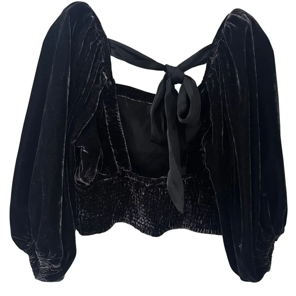 Free People Crushed Velvet Square Neck Bishop Sleeve Tie Back Crop Top Brn L